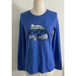 Life is Good Dark Blue Mountain Scene 100% Cotton Long Sleeve Graphic Tee Sz M